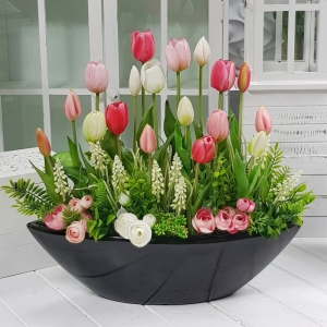 Tulipany silikonowe różowe w donicy Adaria black łódka L