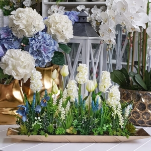 Kompozycja Estera hiacynty szafirki przebiśniegi tulipany złota XL 62cm