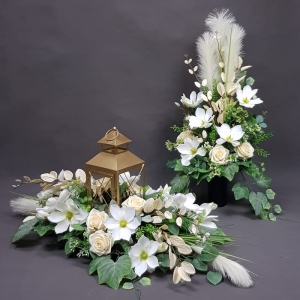 Kompozycja nagrobna magnolie lampion stroik na grób + bukiet do wazonu Linda