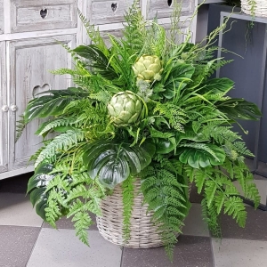 Zielona kompozycja w koszu paprocie Toledo wiklina XL 90cm