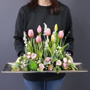Kompozycja Estera wiosna tulipany różowe L 53cm silver