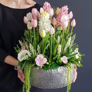 Kompozycja Irma białe różowe tulipany silikon hiacynty XL