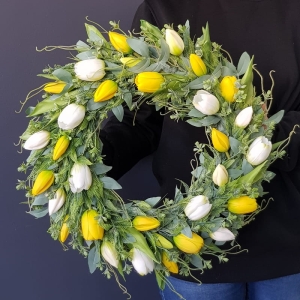 Wianek wiosenny silikonowe tulipany  Toledo 45cm biało-żółty