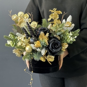 Flower box zima święta kompozycja w pudełku welur L czarno-złoty