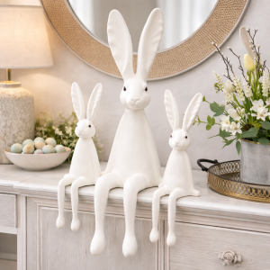 Zając królik zajączek siedzący biała figurka flock 38cm