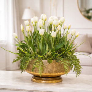 Kompozycja silikonowe tulipany w donicy Ava gold prestige 55cm