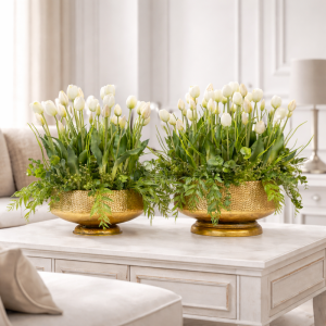 Kompozycja silikonowe tulipany w donicy Ava gold prestige 45cm 