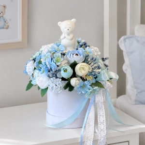  Flower box narodziny roczek pastel baby boy blue miś Mirelle niebieski