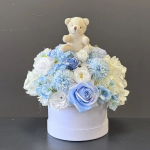 Flower Box z misiem – wyjątkowy prezent na narodziny, chrzest i roczek Blue L
